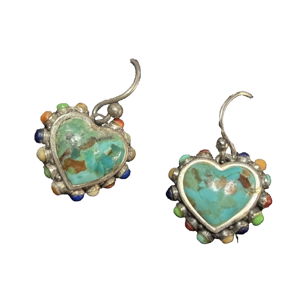 Barse 925 Sterling Turquoise Heart Dangle Earrings With Multi Gemstone Accent 1"
